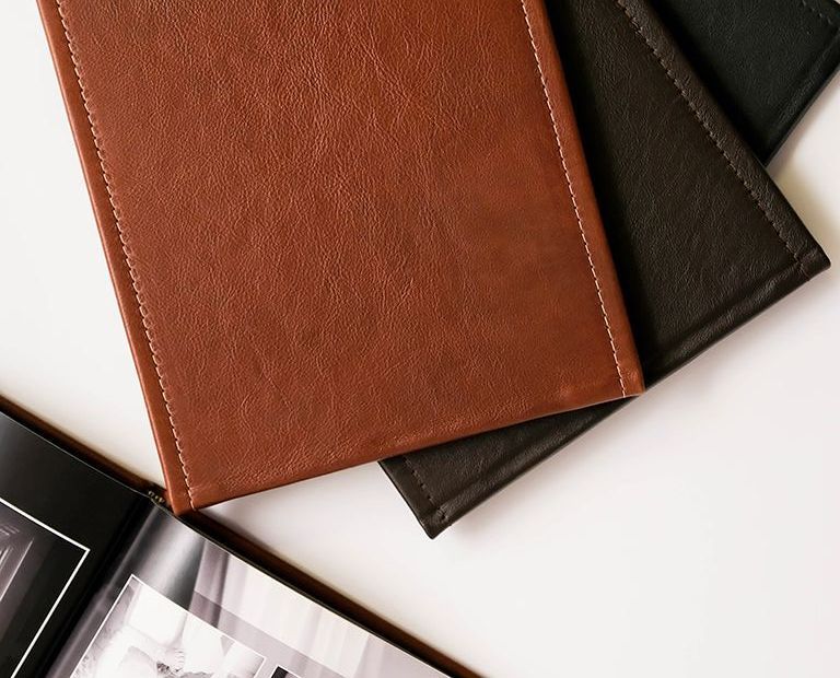 Top view of a genuine leather photo album with premium cover finish.
