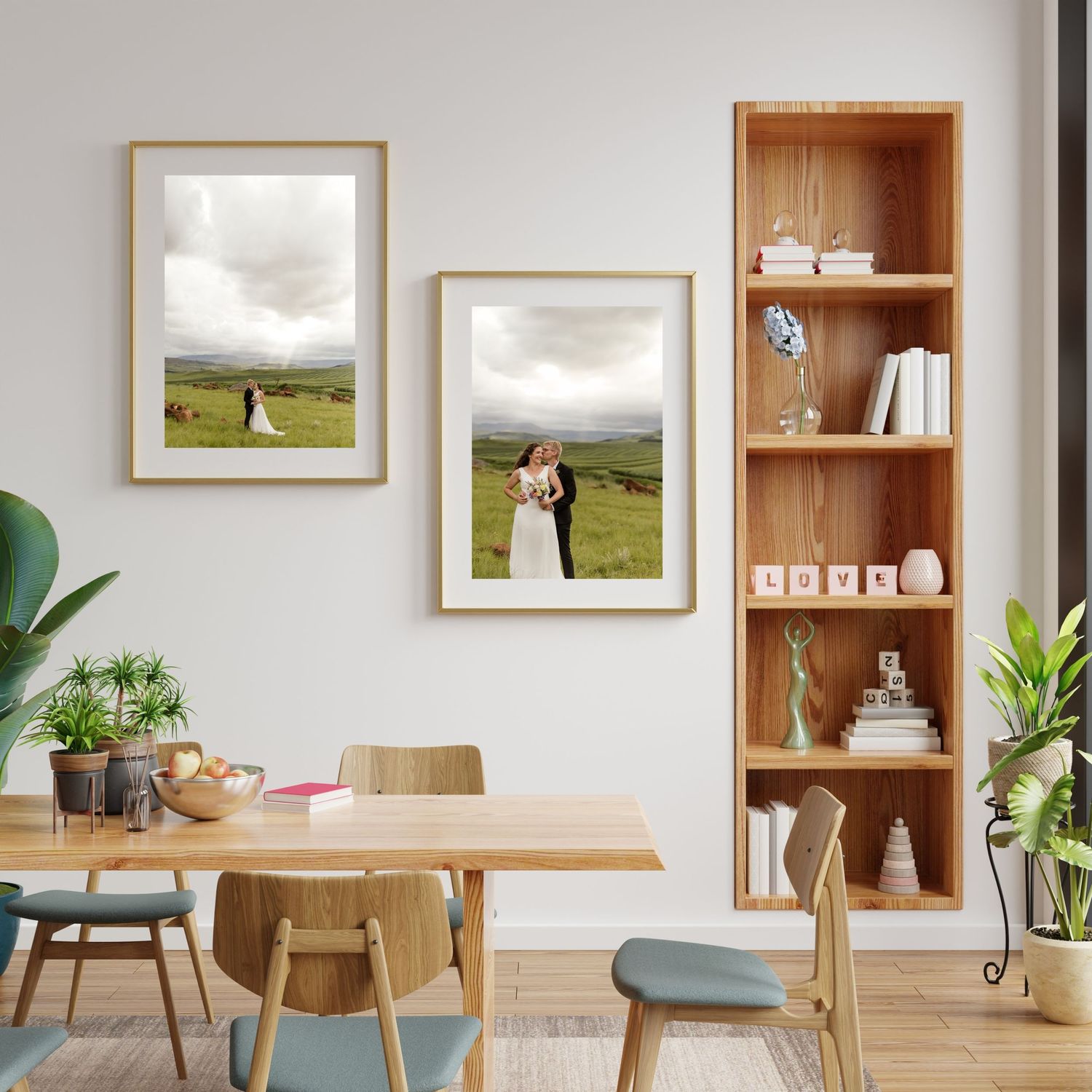 Minimalist living room with framed photographs on a green wall, demonstrating photo decor ideas for the home.