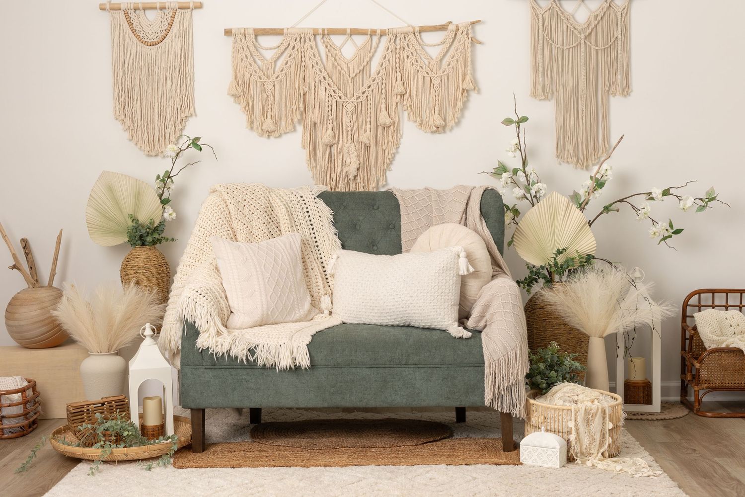 Boho macrame wall hangings and wedding decor displayed in a light neutral studio setting with floral arrangements.
