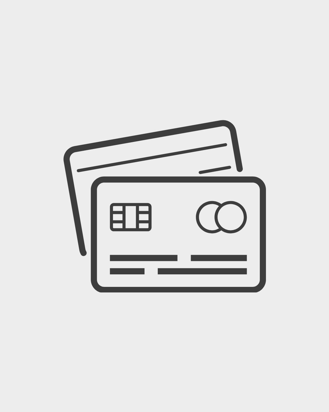 Simple line drawing icon of two overlapping credit cards with chip and Mastercard logo shown in black outline style.