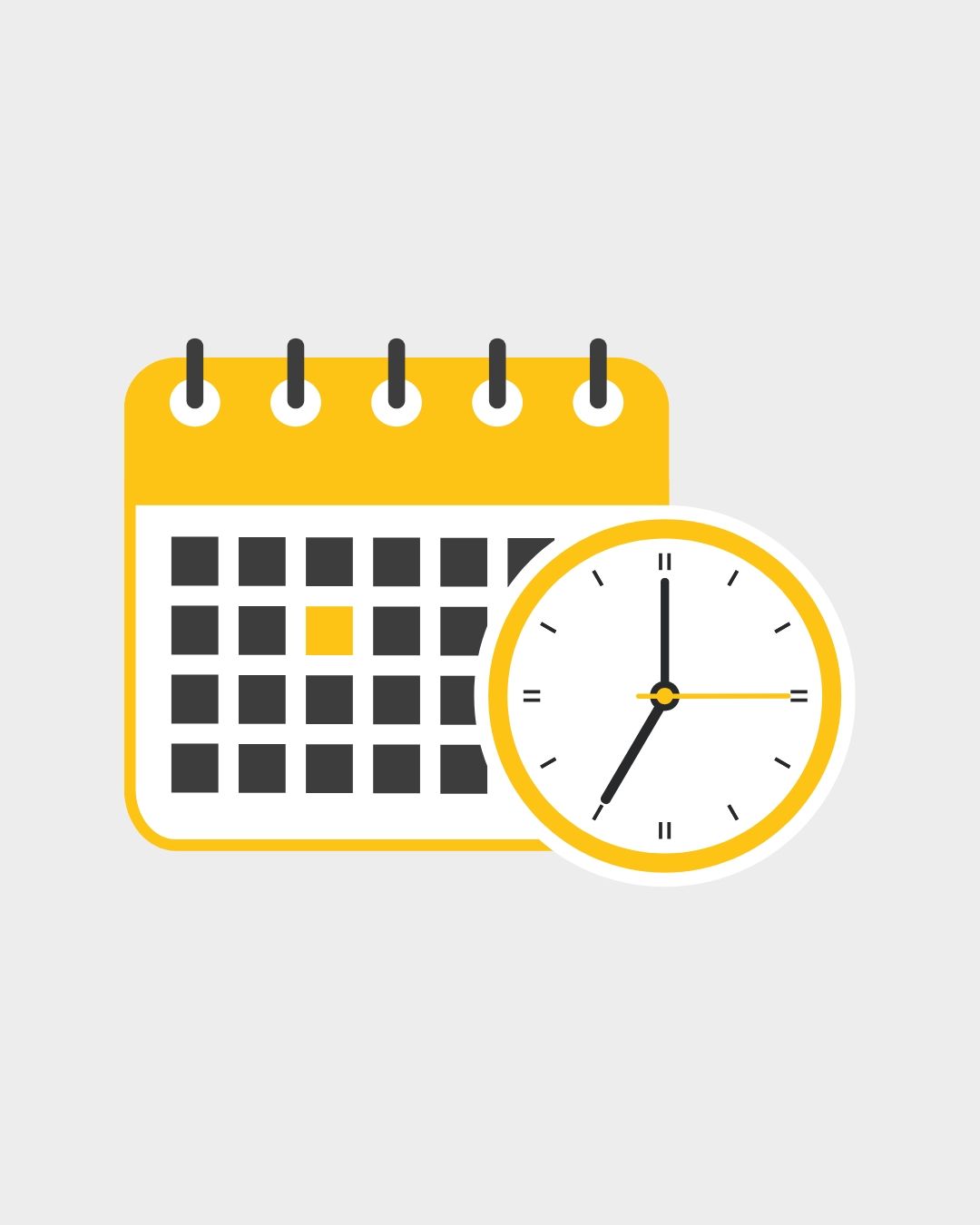 A yellow calendar icon with black squares showing dates alongside an analog clock displaying 7 o'clock.