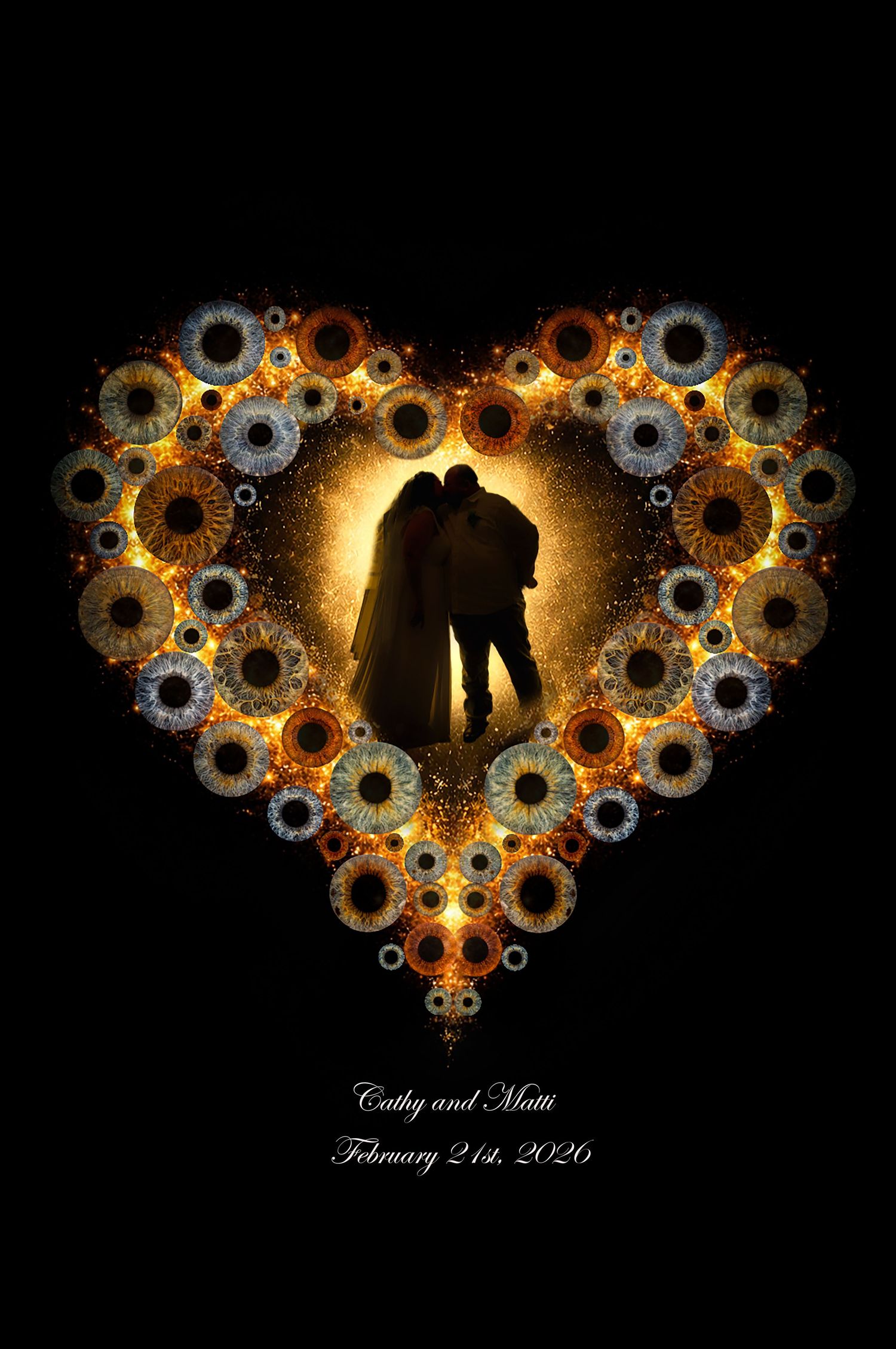 Silhouetted couple against golden glow with decorative metallic gear border design featuring wedding date text.