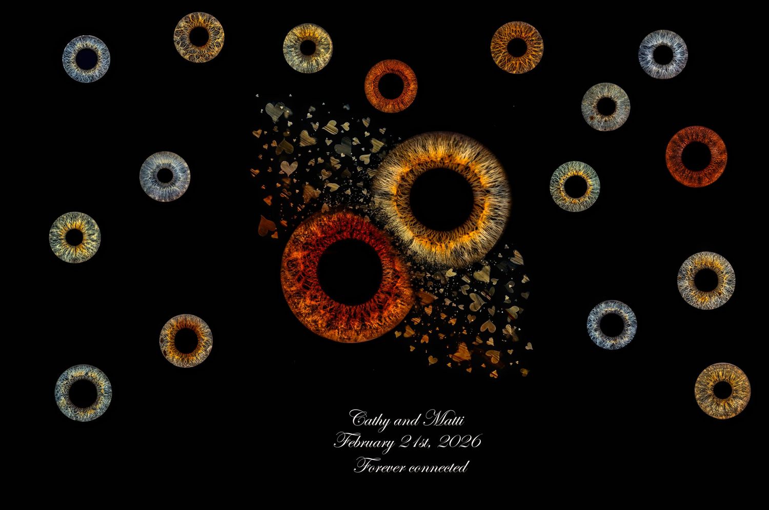 Artistic wedding photo showing multiple glowing ring shapes in gold, silver and orange against a black background.