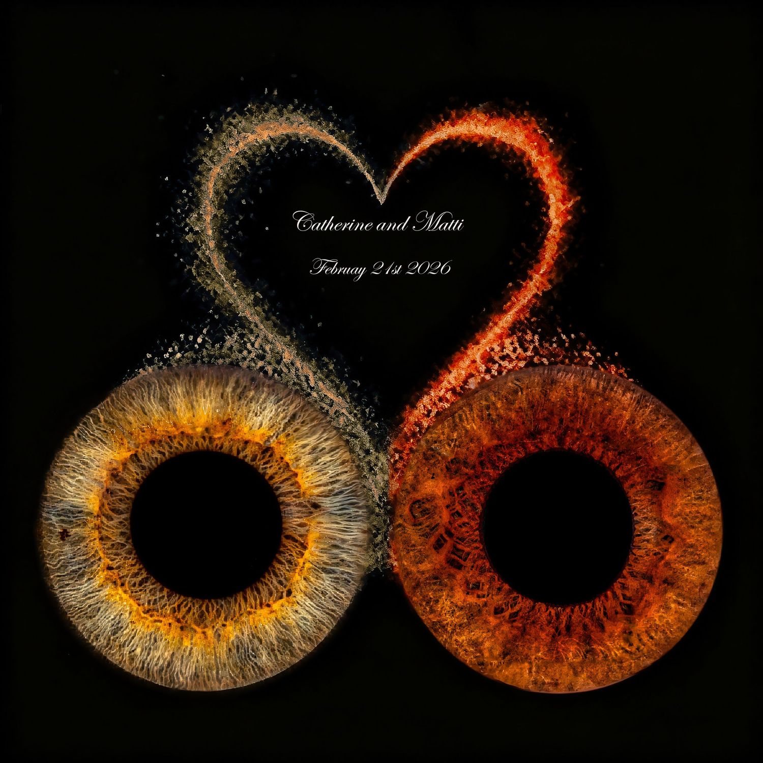 Digital art sequence showing two orange glowing iris patterns merging together into a heart shape against a black background.