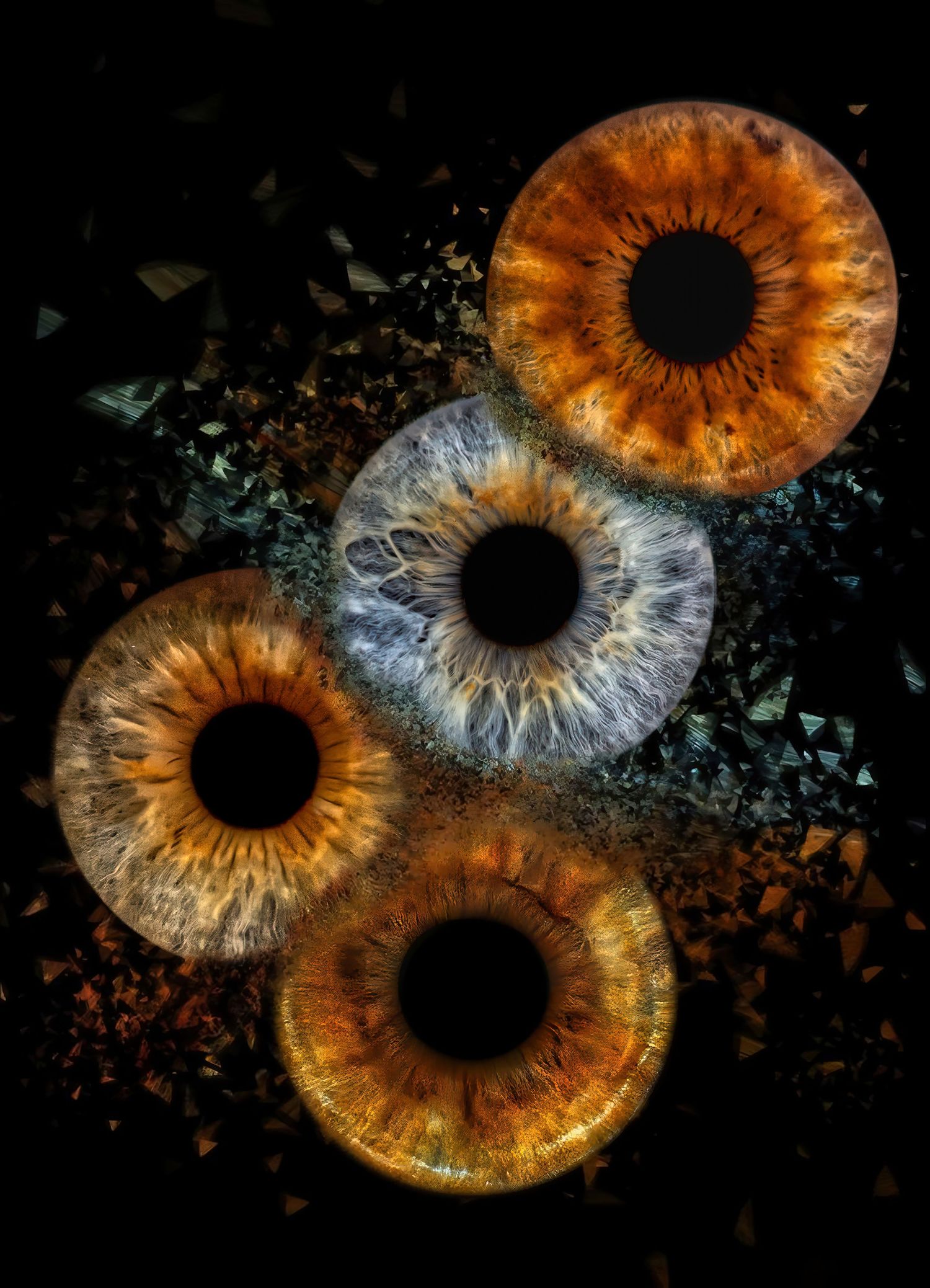 Artistic macro photographs of human irises in orange and blue tones arranged in a dynamic collage pattern.