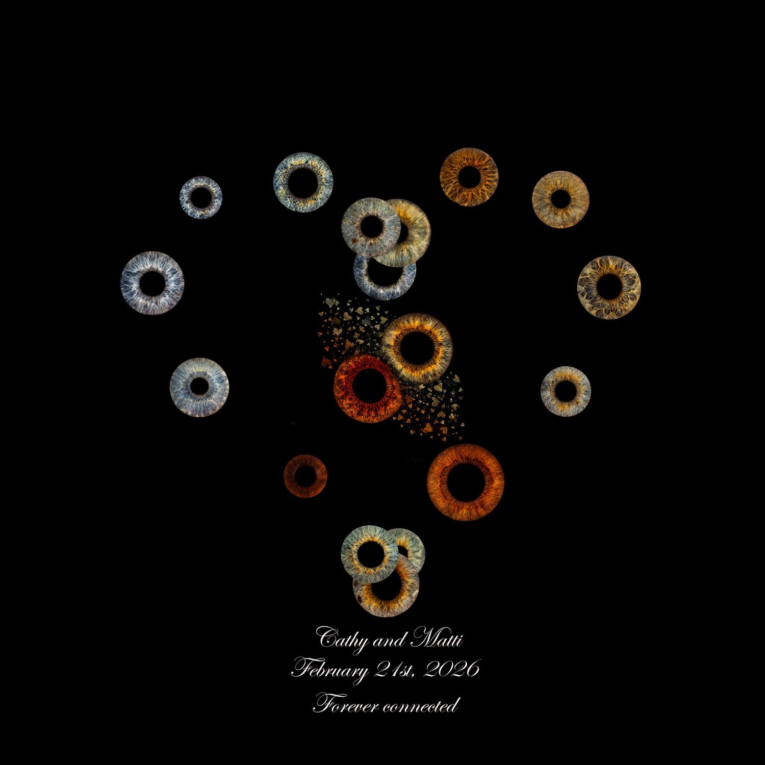 Abstract circular shapes in gold, silver, and rust colors arranged in a horizontal sequence against a black background.
