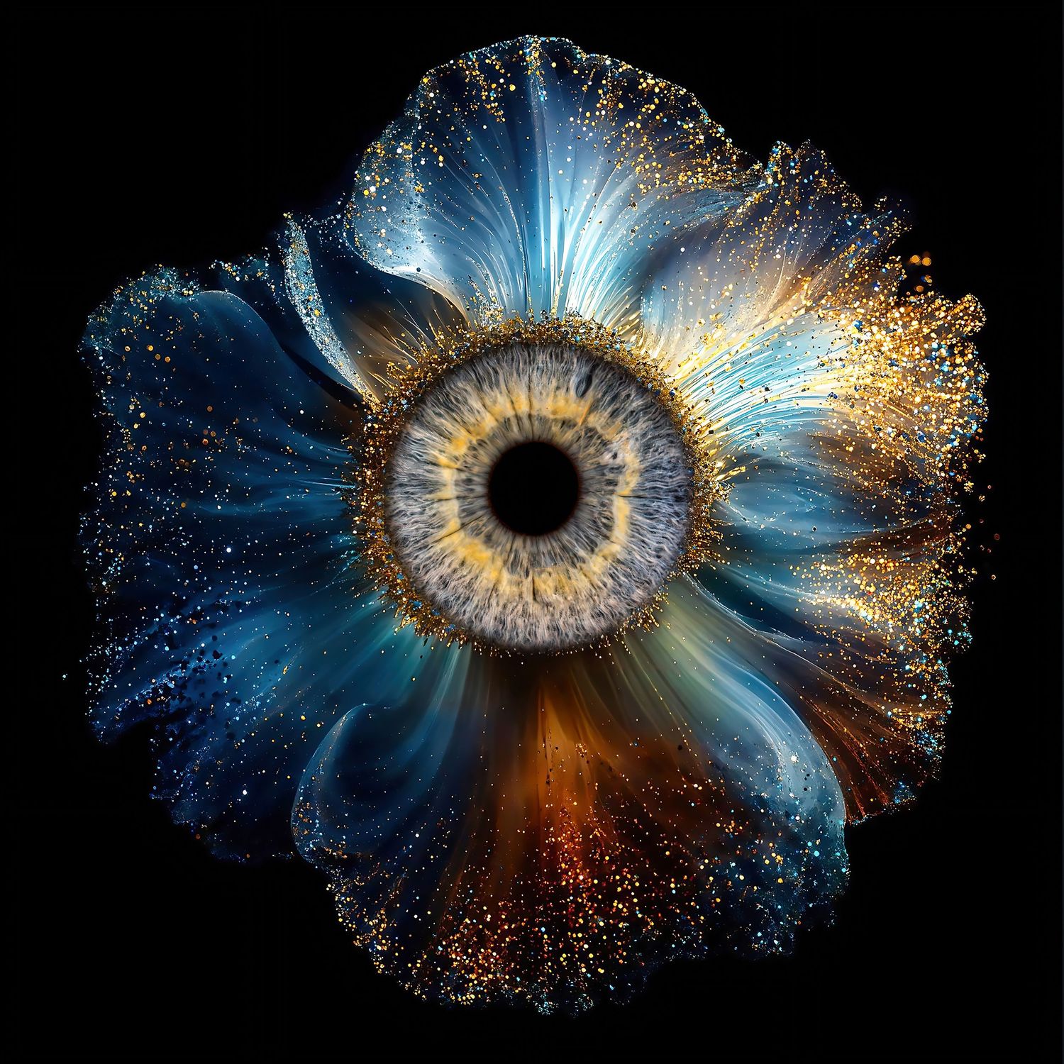 Abstract digital art series showing cosmic eye shapes with swirling blue and golden particles against black background.