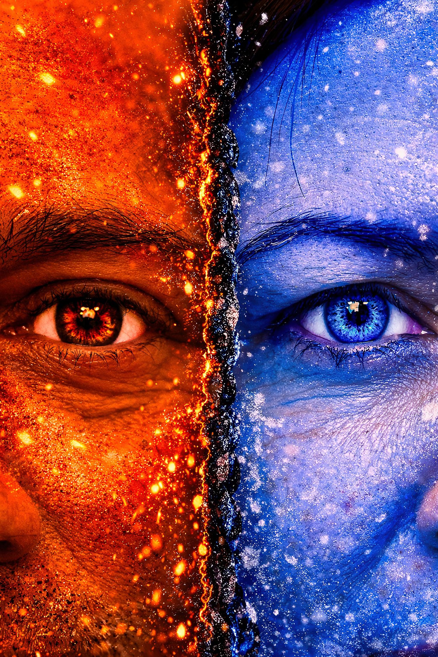 Abstract artistic portrait split between fiery orange and icy blue colors with cosmic texture effects.