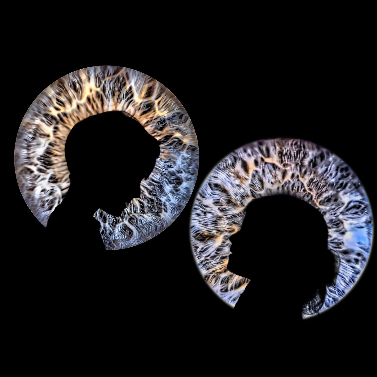 Abstract black and white circular patterns form a fragmented sequence with metallic textures and reflective surfaces.