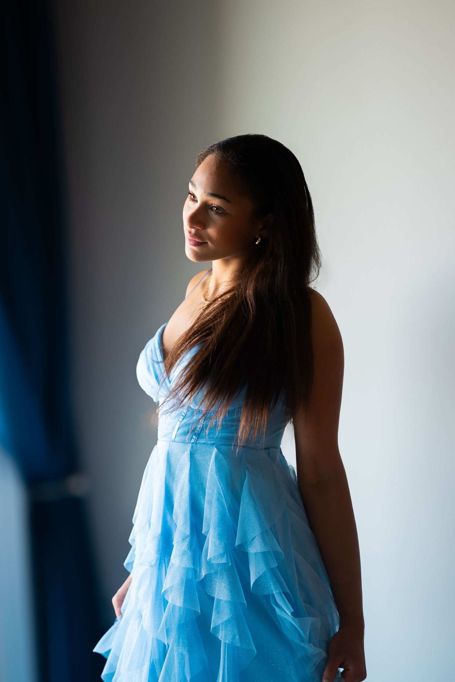 Elegant young woman in a blue ruffled tulle dress standing by a window in soft natural light.