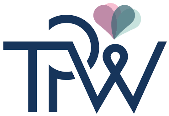 Navy blue TPW wedding photography logo with a pink and teal heart design.