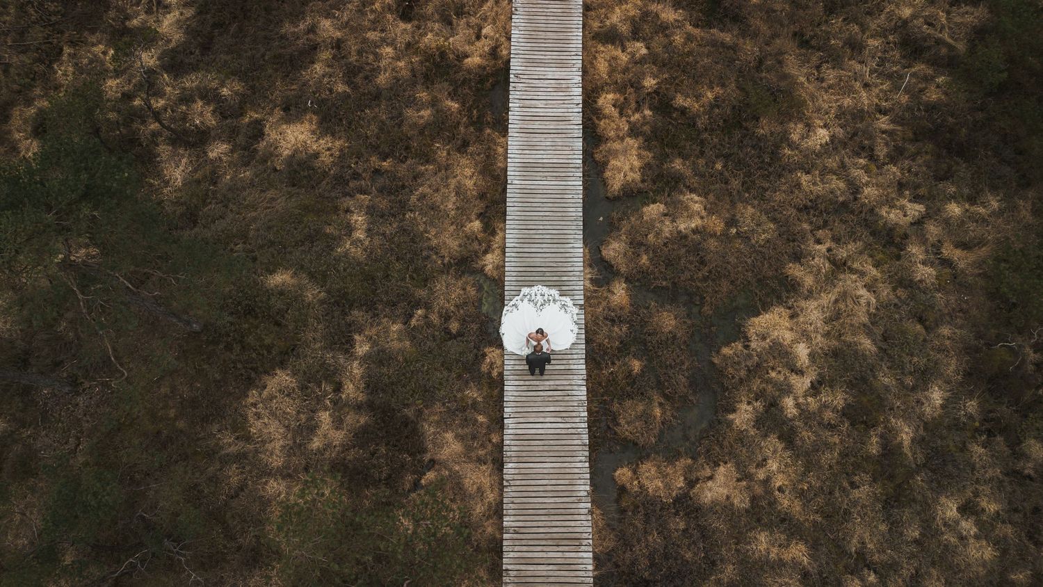 Aerial view of a bride walking alone on a wooden boardwalk path through a natural landscape.