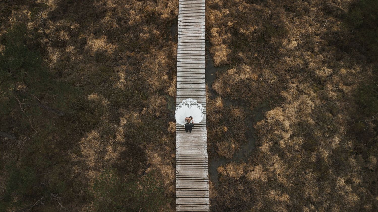 Aerial view of a bride in a white gown sitting alone on a wooden boardwalk in nature.