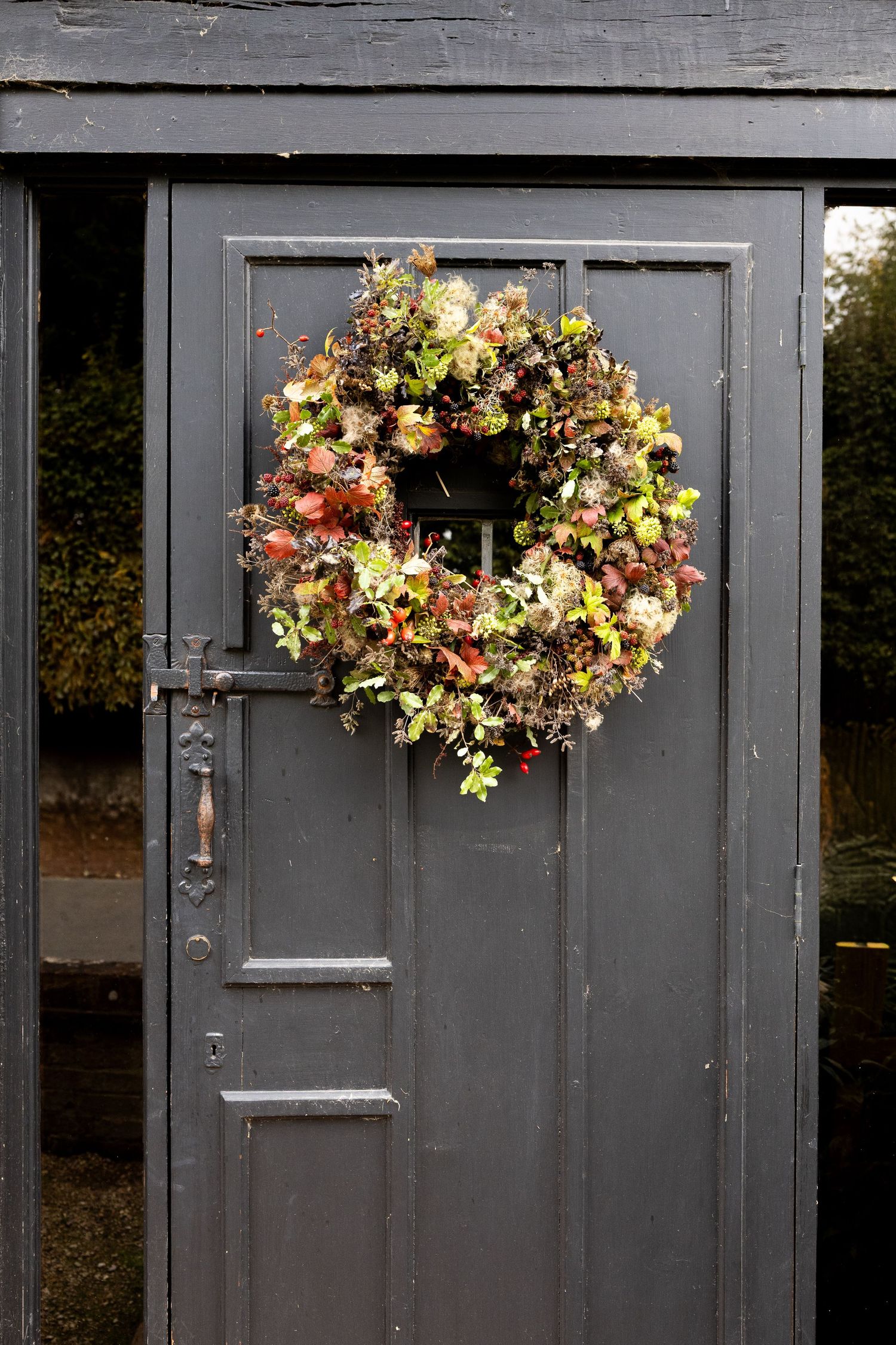 Finished seasonal wreath made with natural autumn foliage