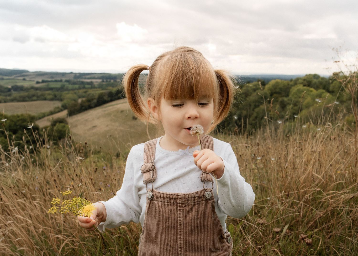 Little girl blows a dandelion during a natural family photoshoot with a Winchester based photographer