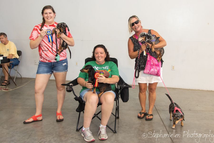 Three women smile holding small dachshund dogs at an indoor pet show event with chairs in background.