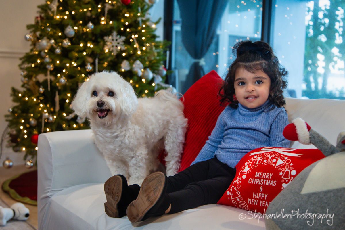 A young child sits on a white sofa with a fluffy white dog near a decorated Christmas tree, holding a holiday pillow.