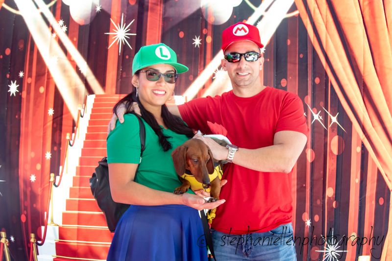 Couple dressed as Mario and Luigi holding a small dog in costume at a themed photo backdrop.