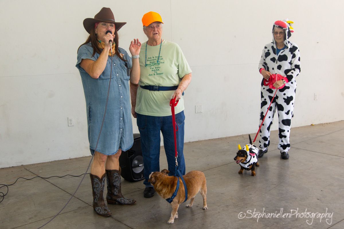 Three people with a dog at an indoor event, one dressed as a cow, one in a cowboy hat, and one in an orange cap.