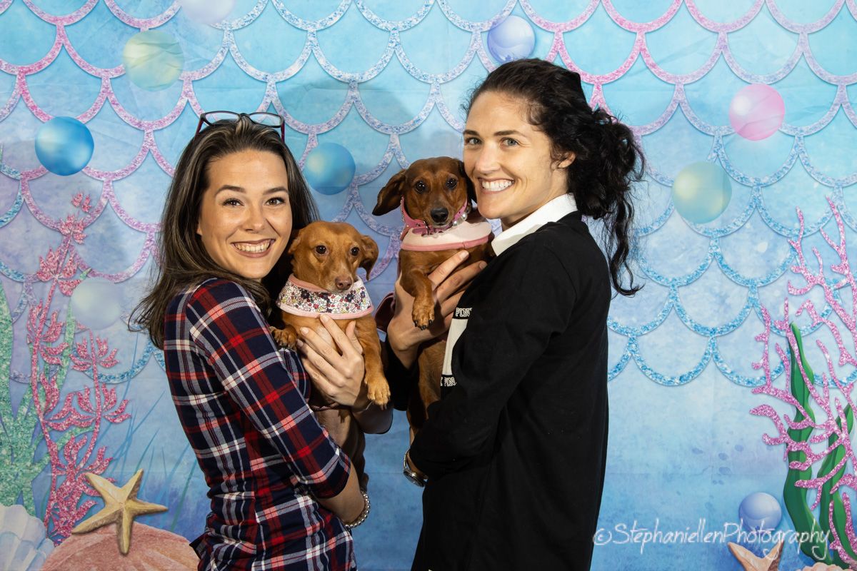Two women smiling and holding dachshund dogs in front of a colorful mermaid-themed backdrop at a pet photo event.