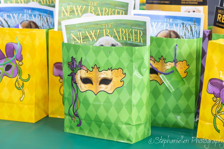 Colorful Mardi Gras gift bags featuring masquerade masks and The New Barker magazine displayed on a table.
