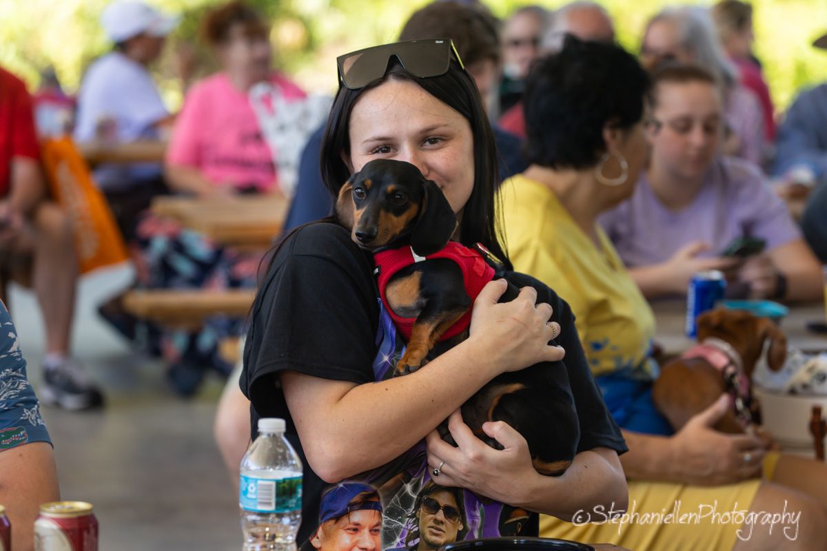 Young woman hugging a dachshund puppy in a costume at an outdoor dog-friendly gathering.