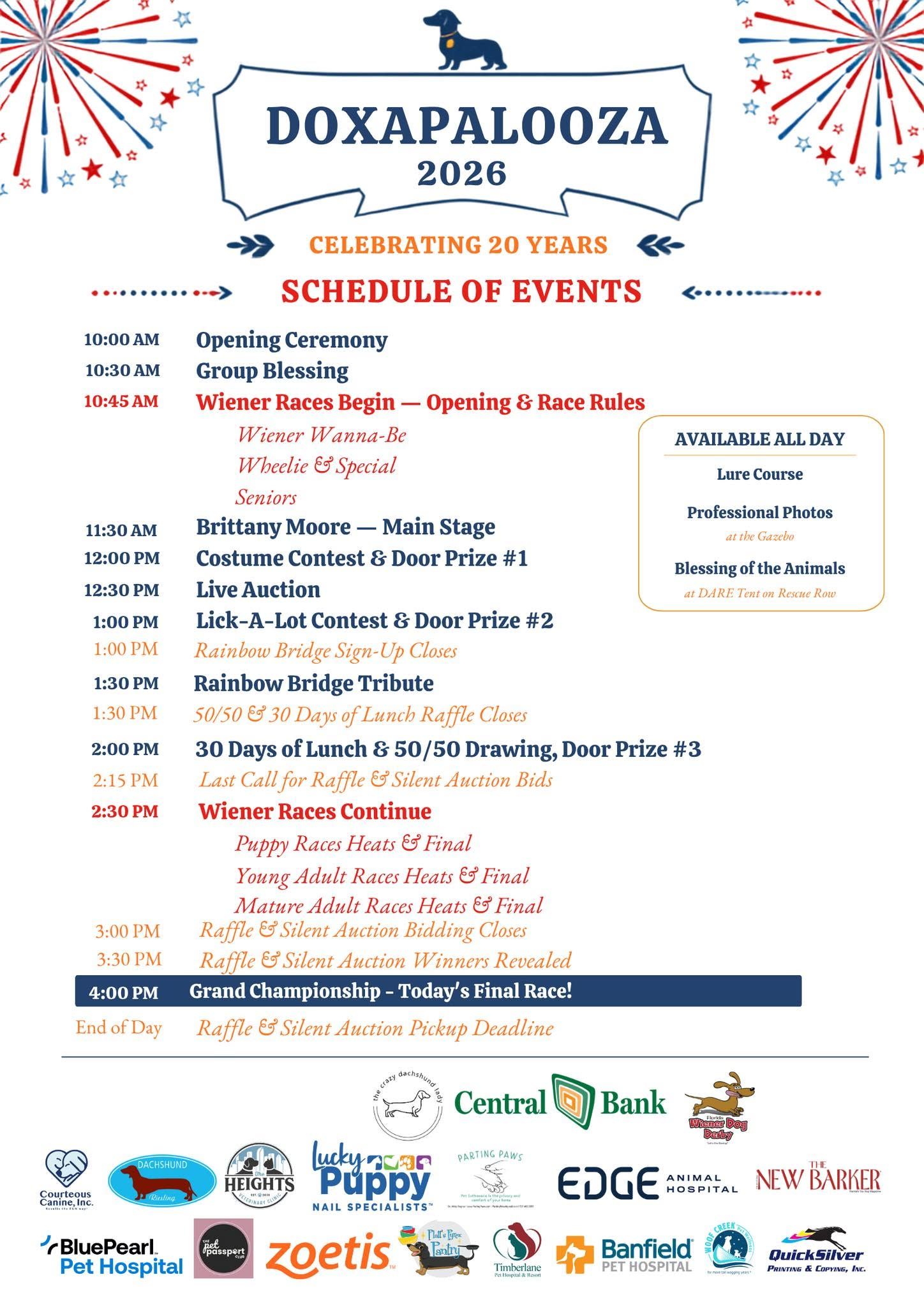 Doxapalooza 2026 event schedule flyer celebrating 20 years, featuring wiener dog races, live music, raffles, and more.