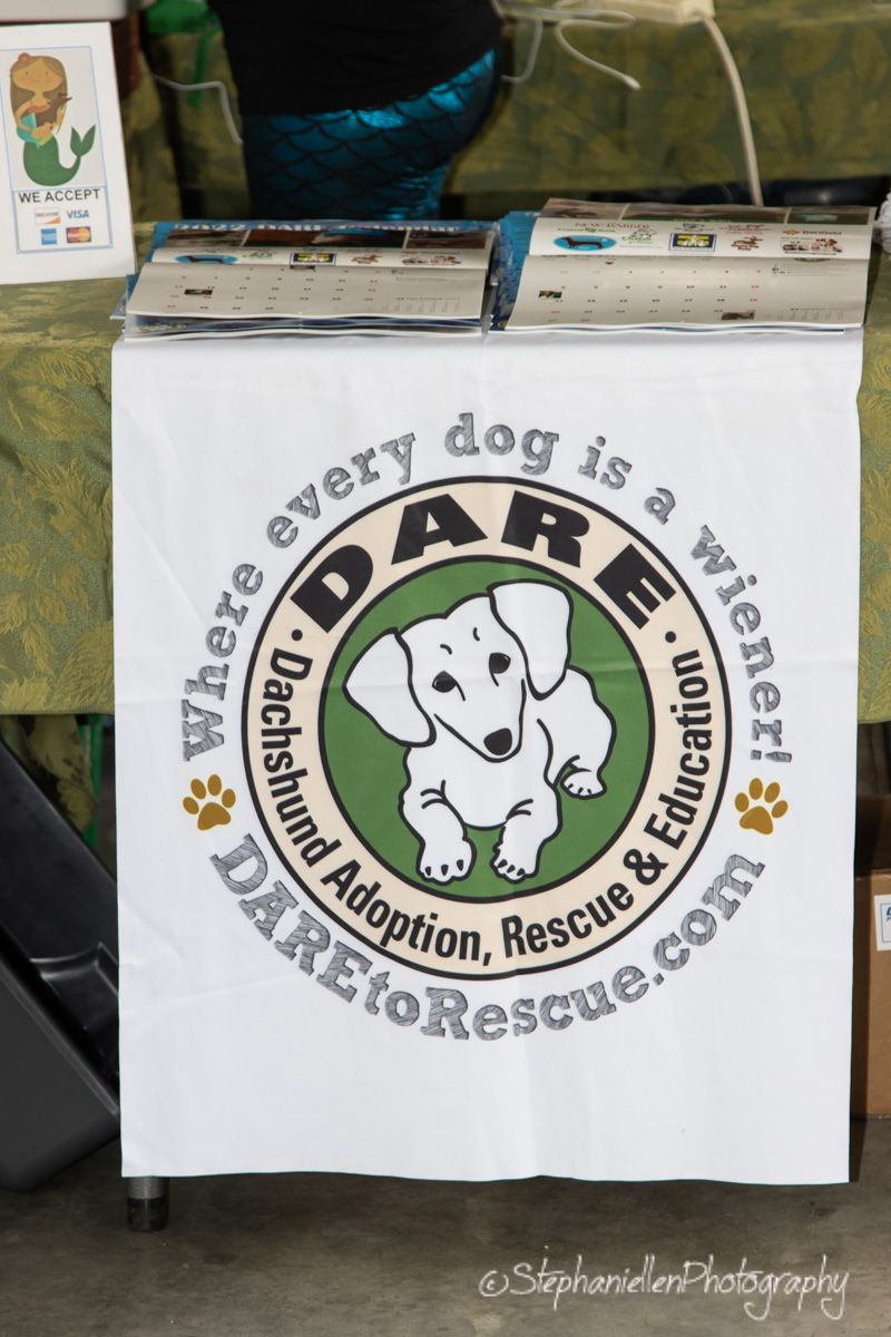DARE Dachshund Adoption Rescue and Education banner sign at a dog rescue event.