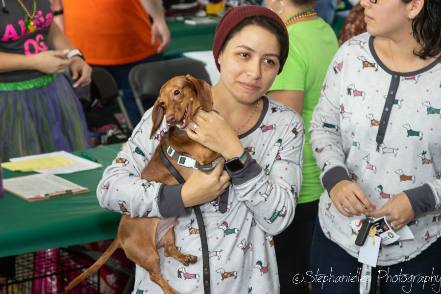 Young woman in dachshund-print pajamas holding a brown dachshund dog at an indoor pet event.
