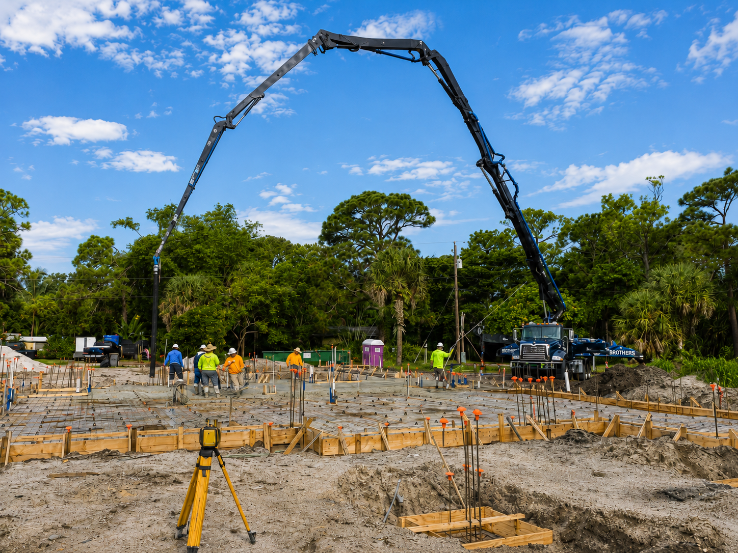 Concrete pump truck pouring foundation slab at construction site with workers in safety gear.