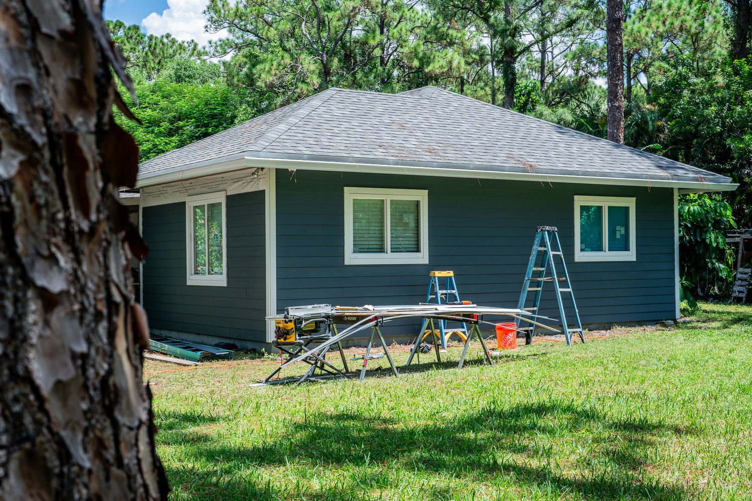 Newly sided dark green house with shingle roof and ladder against exterior wall in wooded yard.