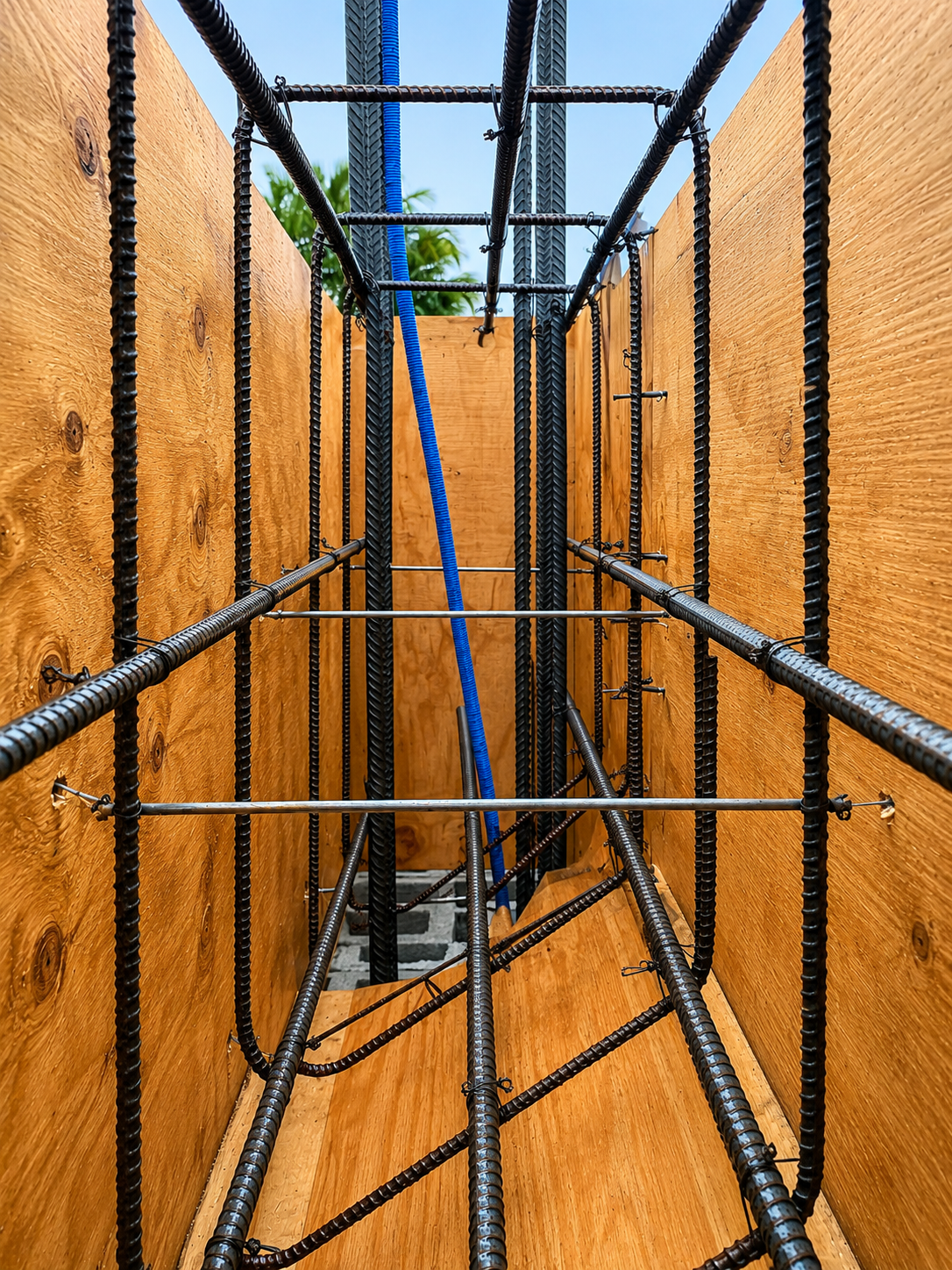Rebar reinforcement cage with wooden formwork for concrete column construction showing blue conduit pipe.