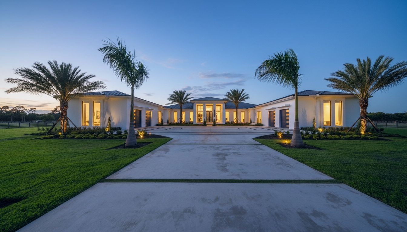 Elegant luxury estate home exterior at dusk with palm trees lining a grand driveway.