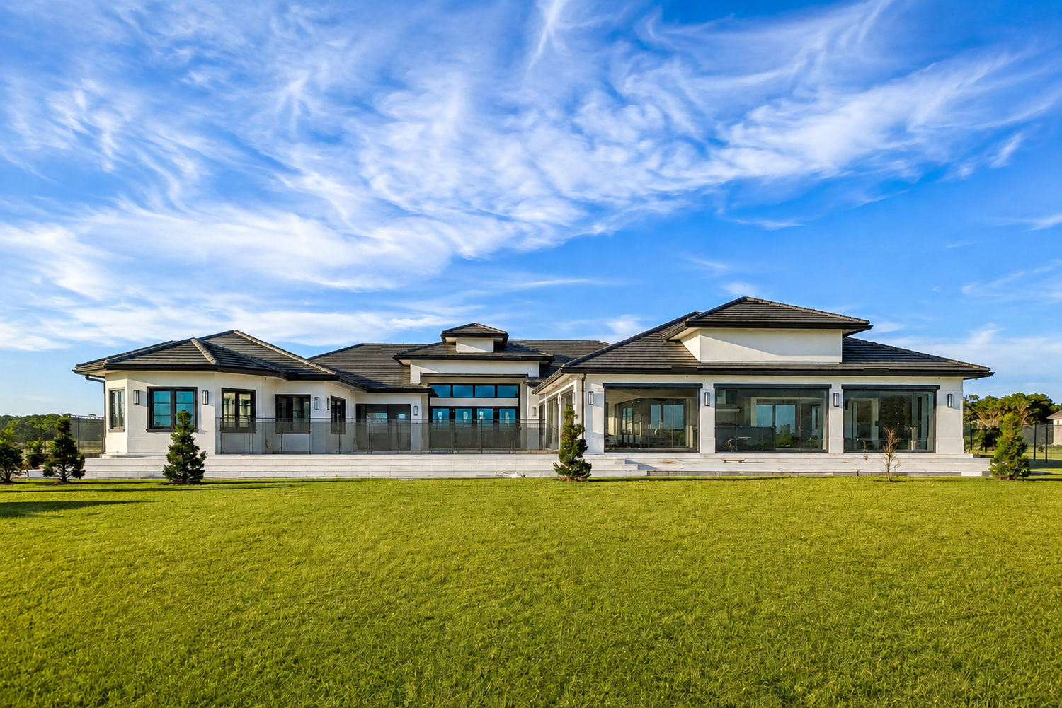 Expansive luxury ranch-style home with a dark roof, large windows, and manicured green lawn.