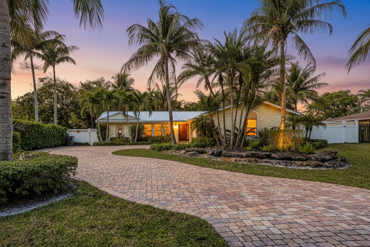 Florida ranch home at sunset featuring a brick paver driveway and lush tropical palm landscaping.