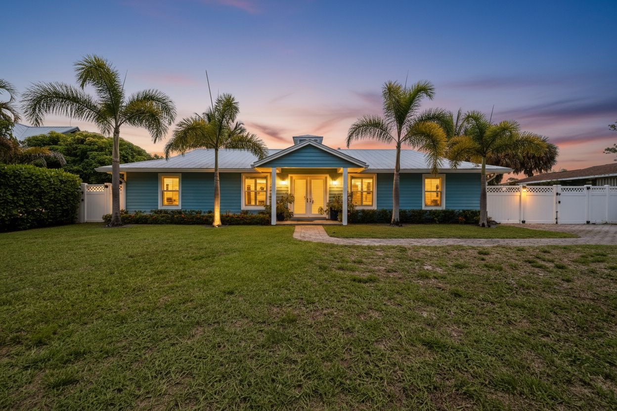 Charming teal Florida home at dusk with palm trees, manicured lawn, and welcoming entrance lighting.