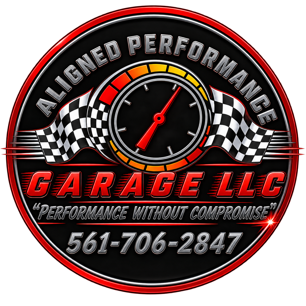 Aligned Performance Garage LLC circular logo with racing flags and speedometer, phone number 561-706-2847.