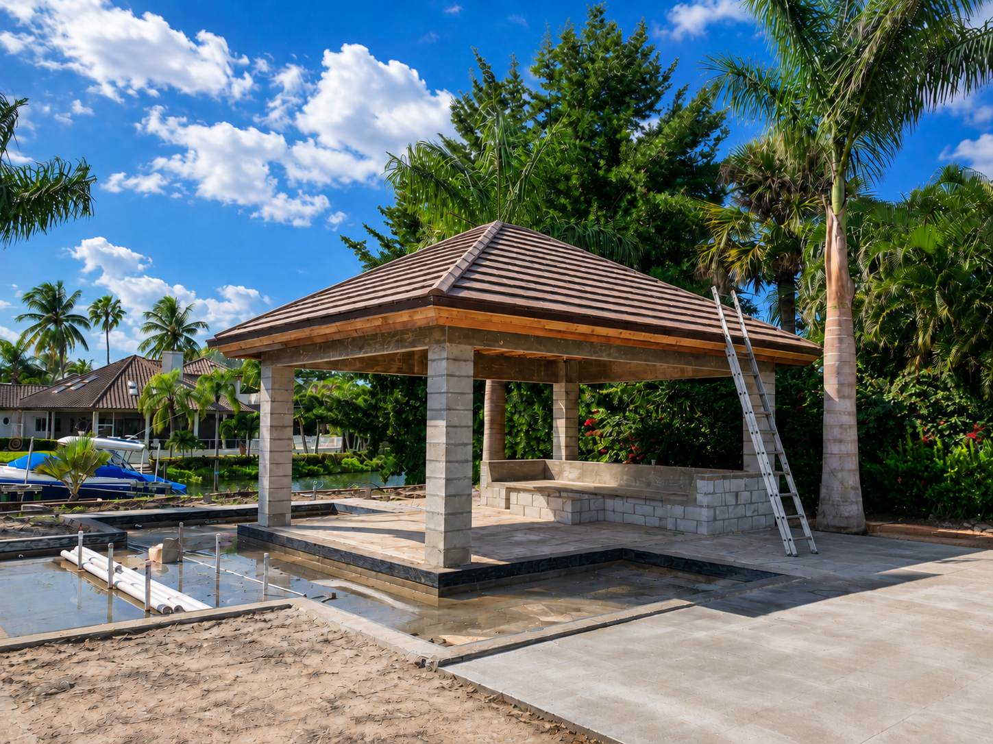 Elegant stone gazebo with tile roof near waterfront surrounded by palm trees on sunny Florida day.