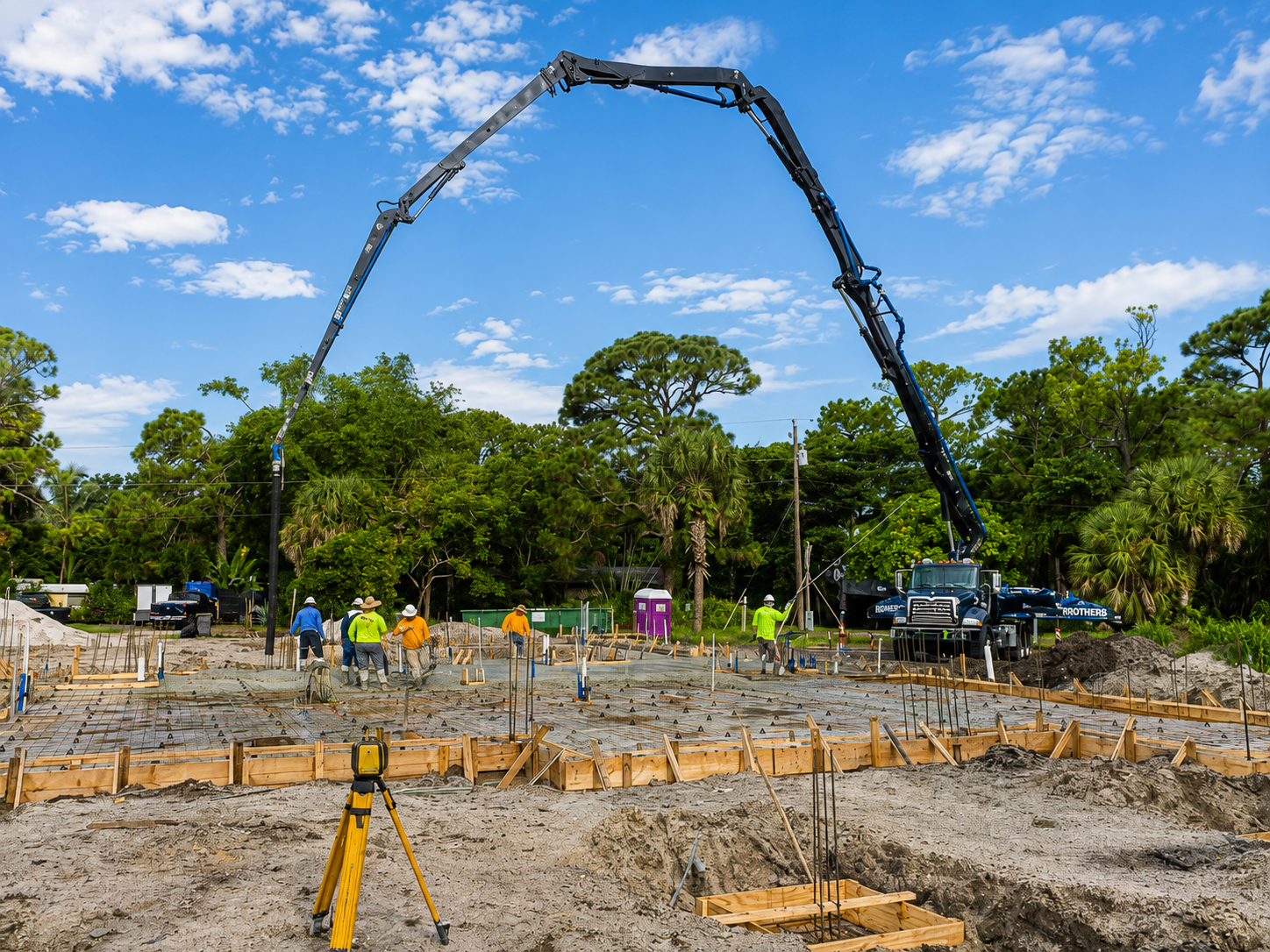 Concrete pump truck pouring foundation at Florida construction site with workers in safety vests on sunny day.
