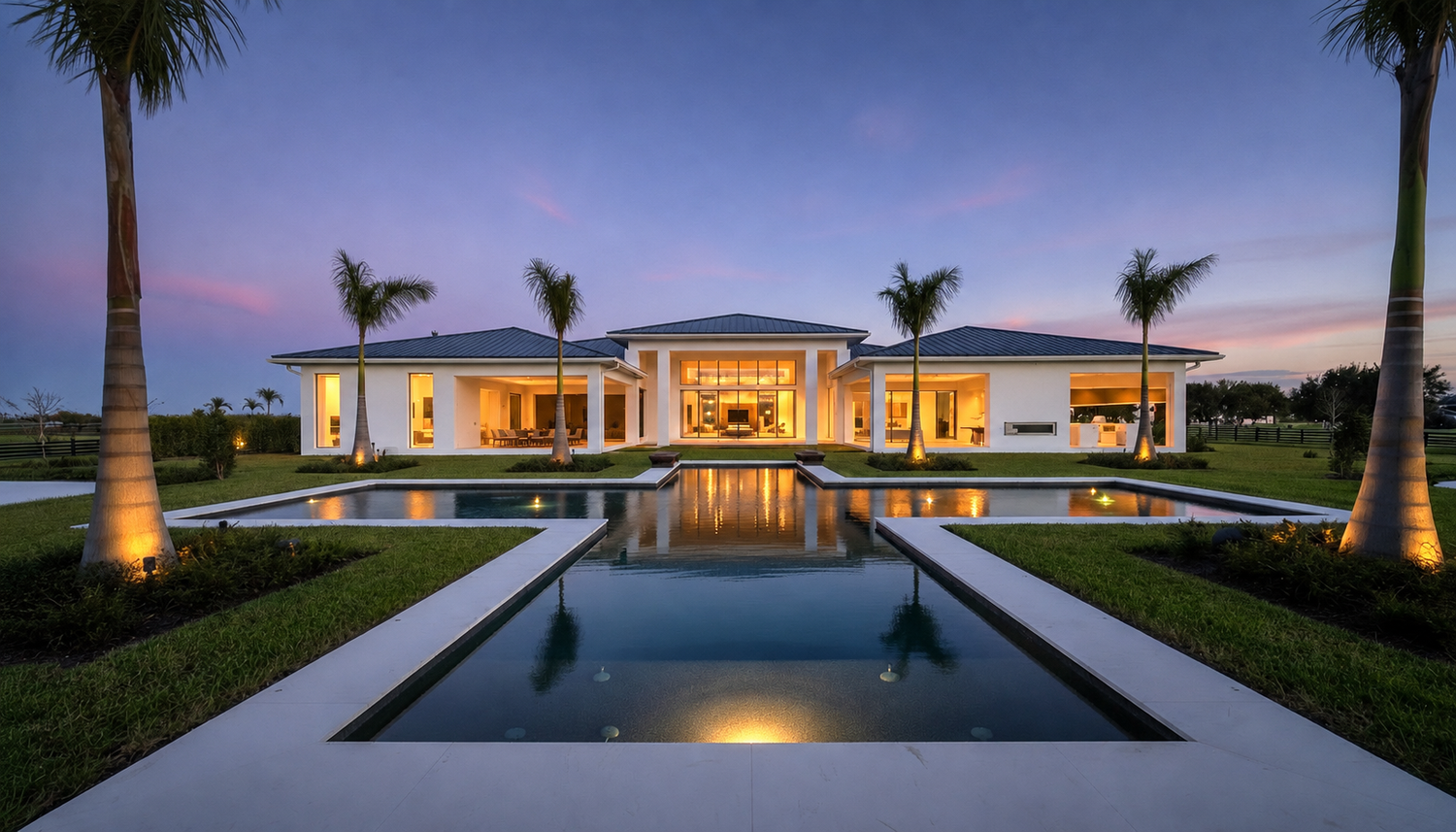 Luxury white modern mansion with illuminated infinity pool reflecting twilight sky, flanked by tall palm trees.