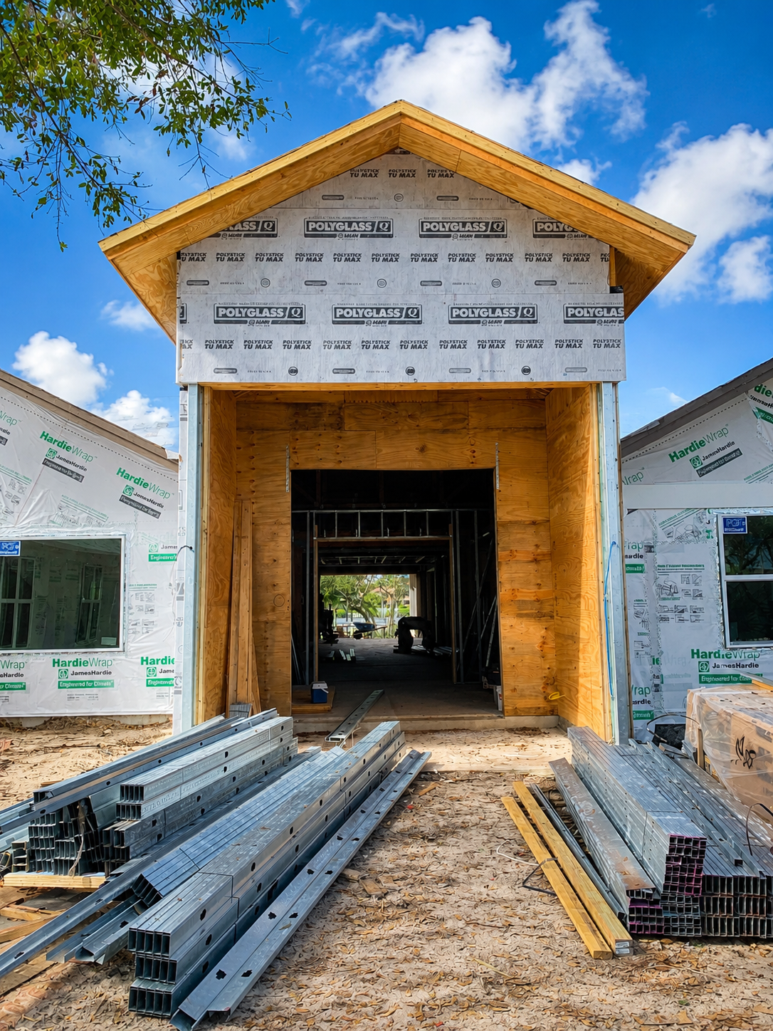 New home construction site showing wood framed structure with house wrap barrier and metal building materials.