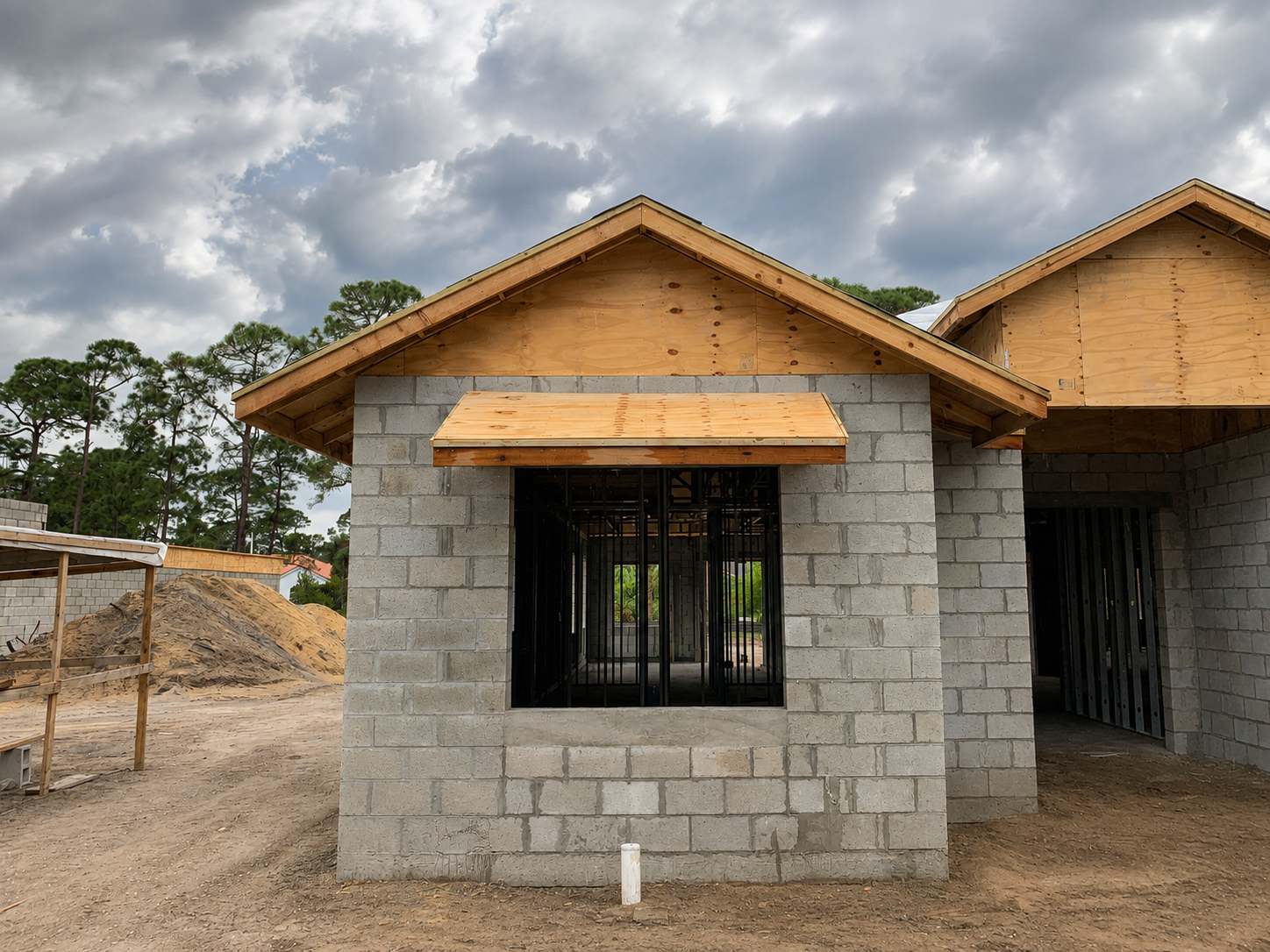 New concrete block home under construction with wooden roof framing and window openings on cloudy day.