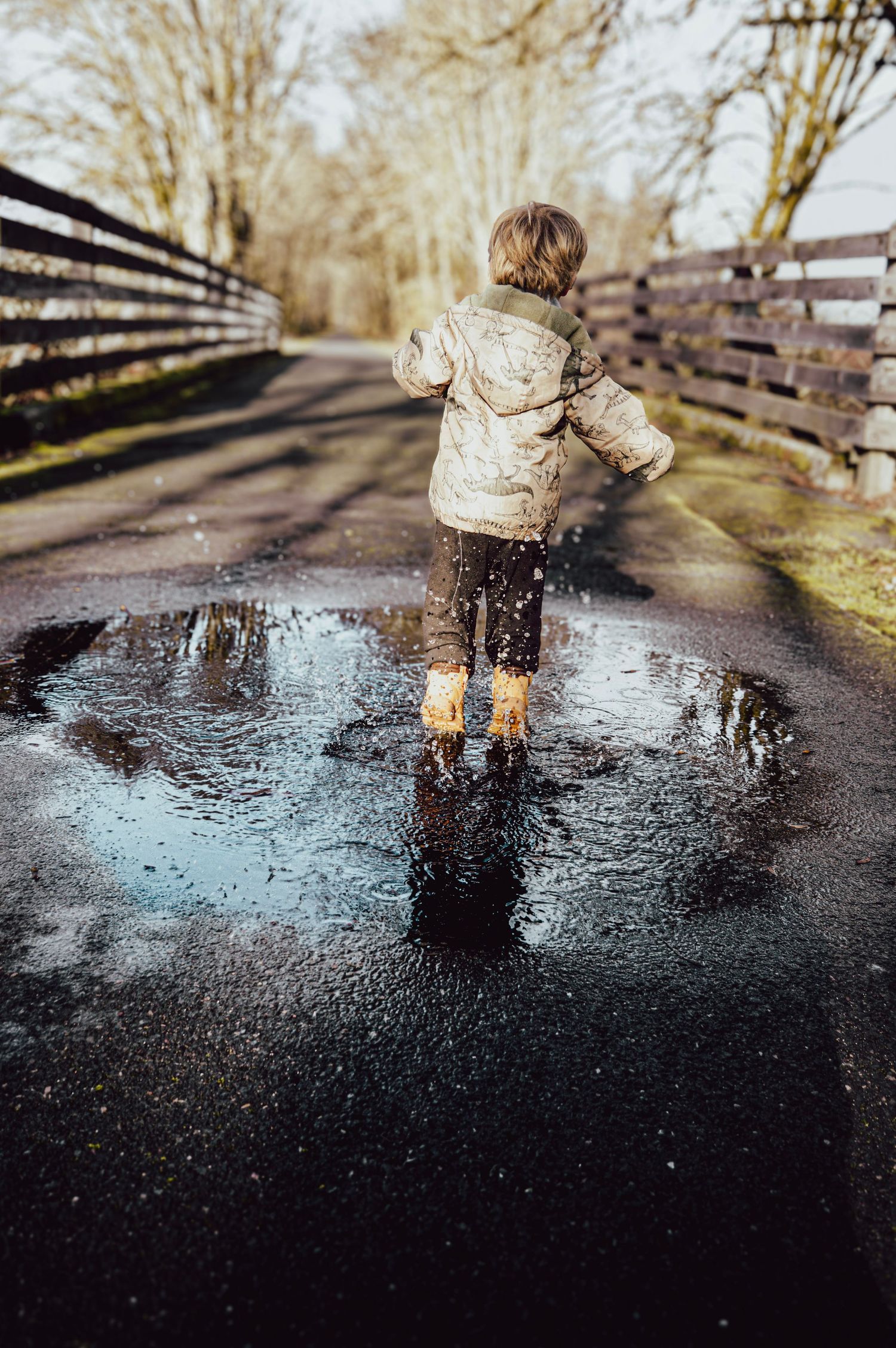 Toddler splashing through a puddle on a paved trail during a playful outdoor family photography session.