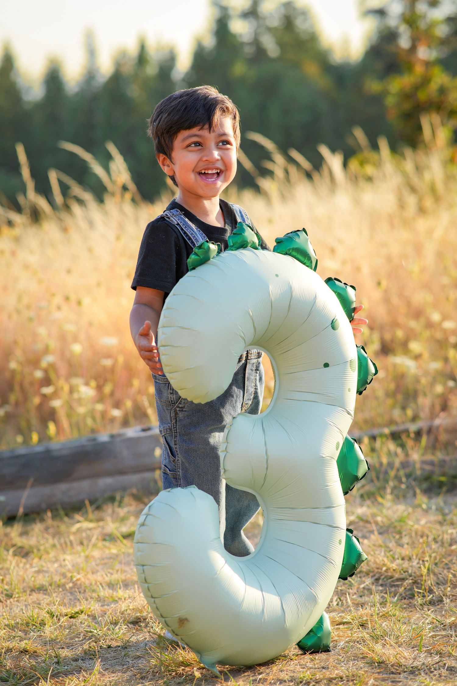Smiling young boy posing with a giant number three balloon during an outdoor birthday photography session