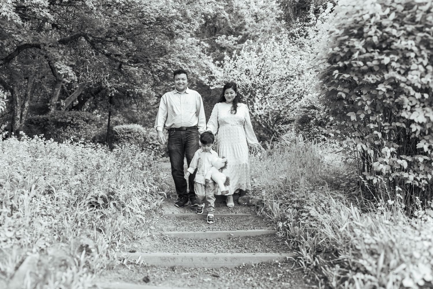 Black and white portrait of a family walking together through a garden pathway with their young child leading the way.
