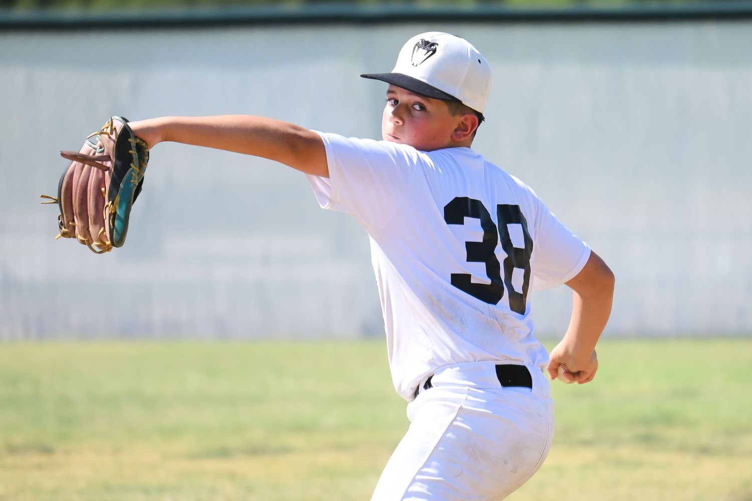 Youth baseball pitcher in white uniform number 38 winds up to throw during a sunny game.