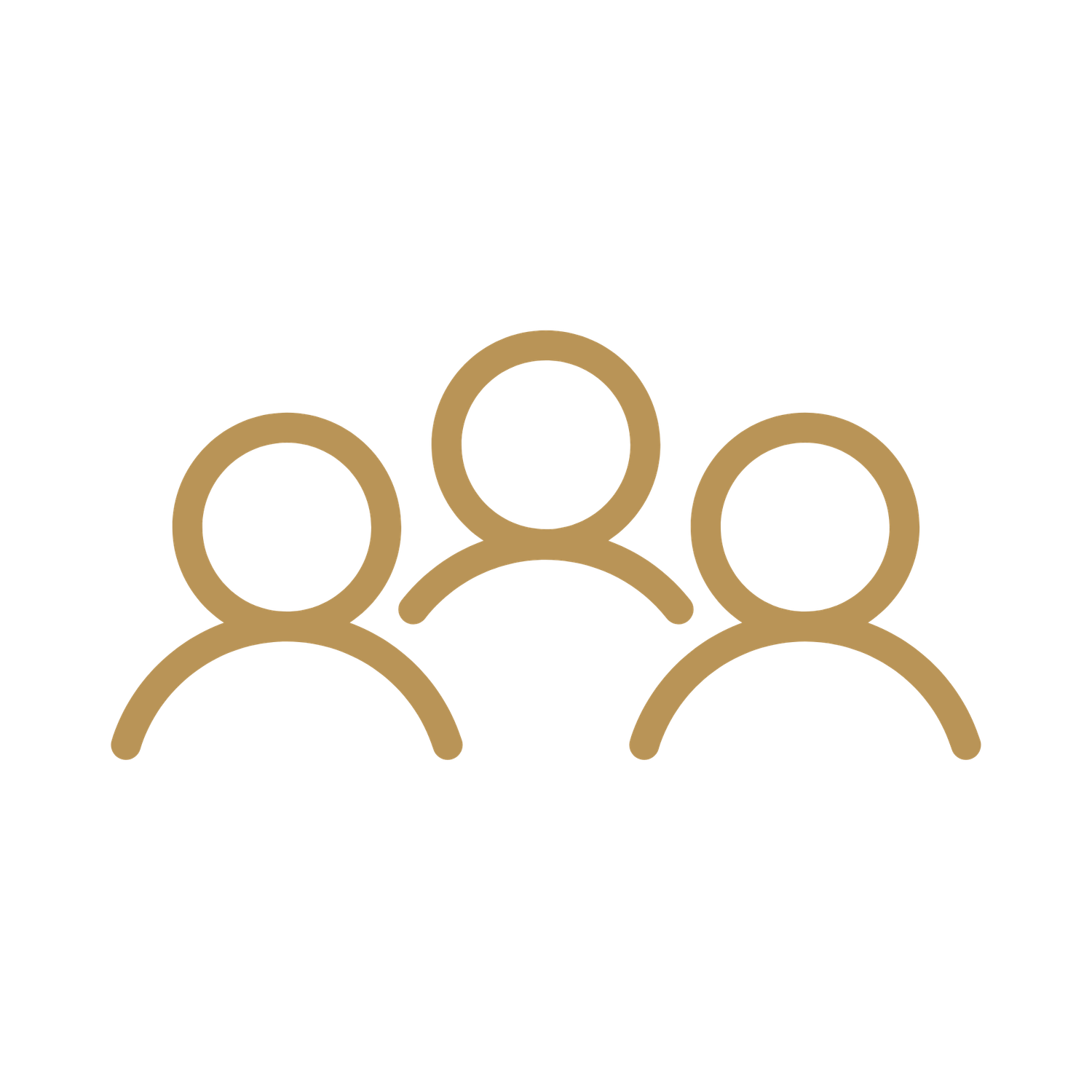 Gold outline icon of three people representing a group or team on a white background.