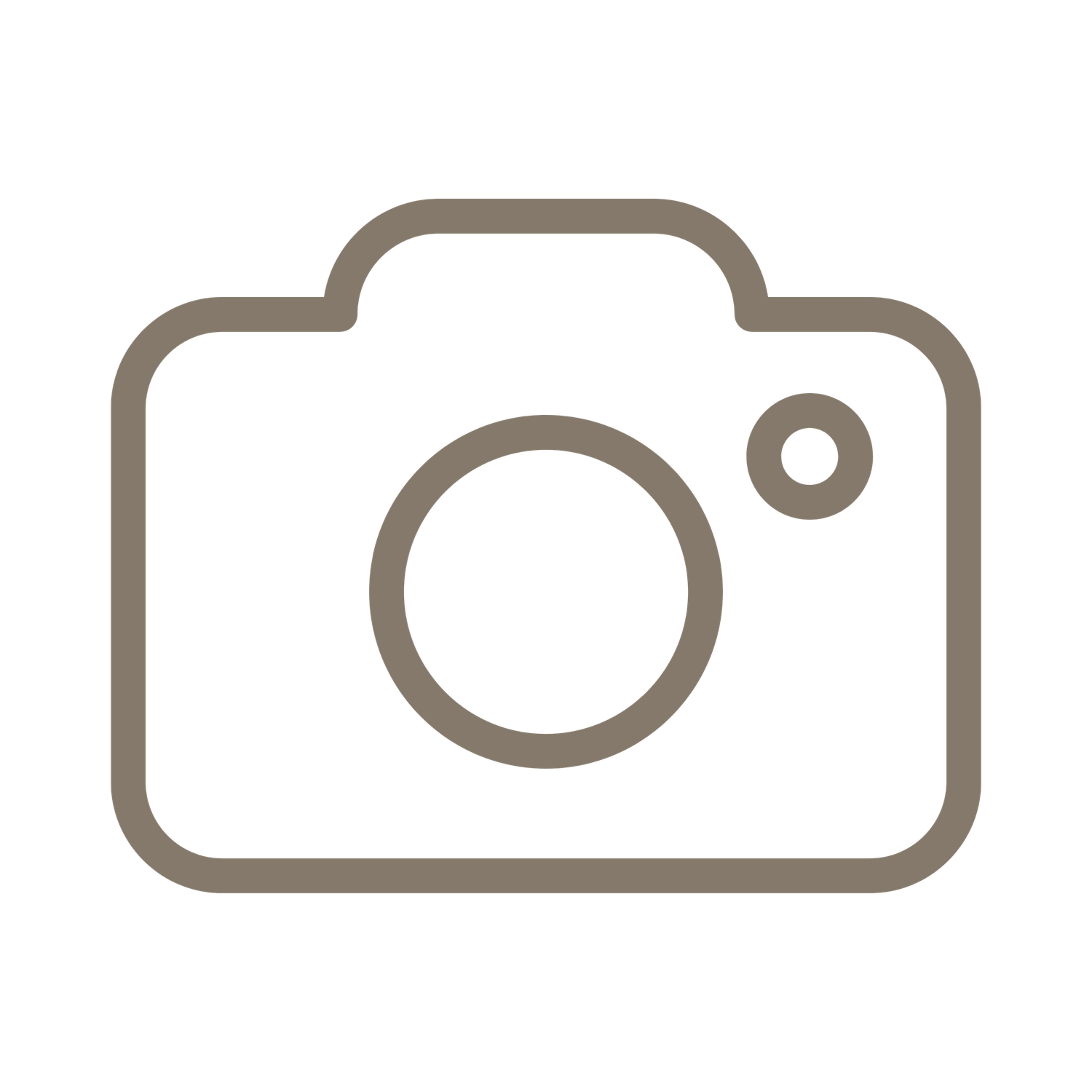 Camera icon outline in taupe brown on white background.
