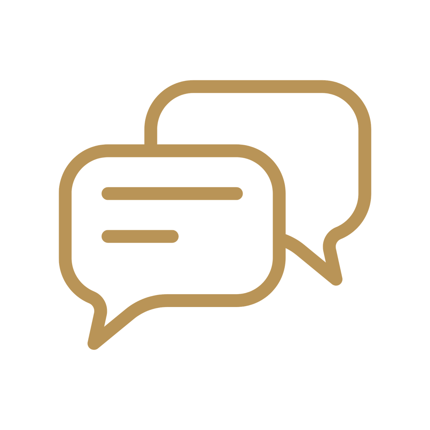 Gold outlined icon of two overlapping speech bubbles symbolizing conversation and communication on white background.