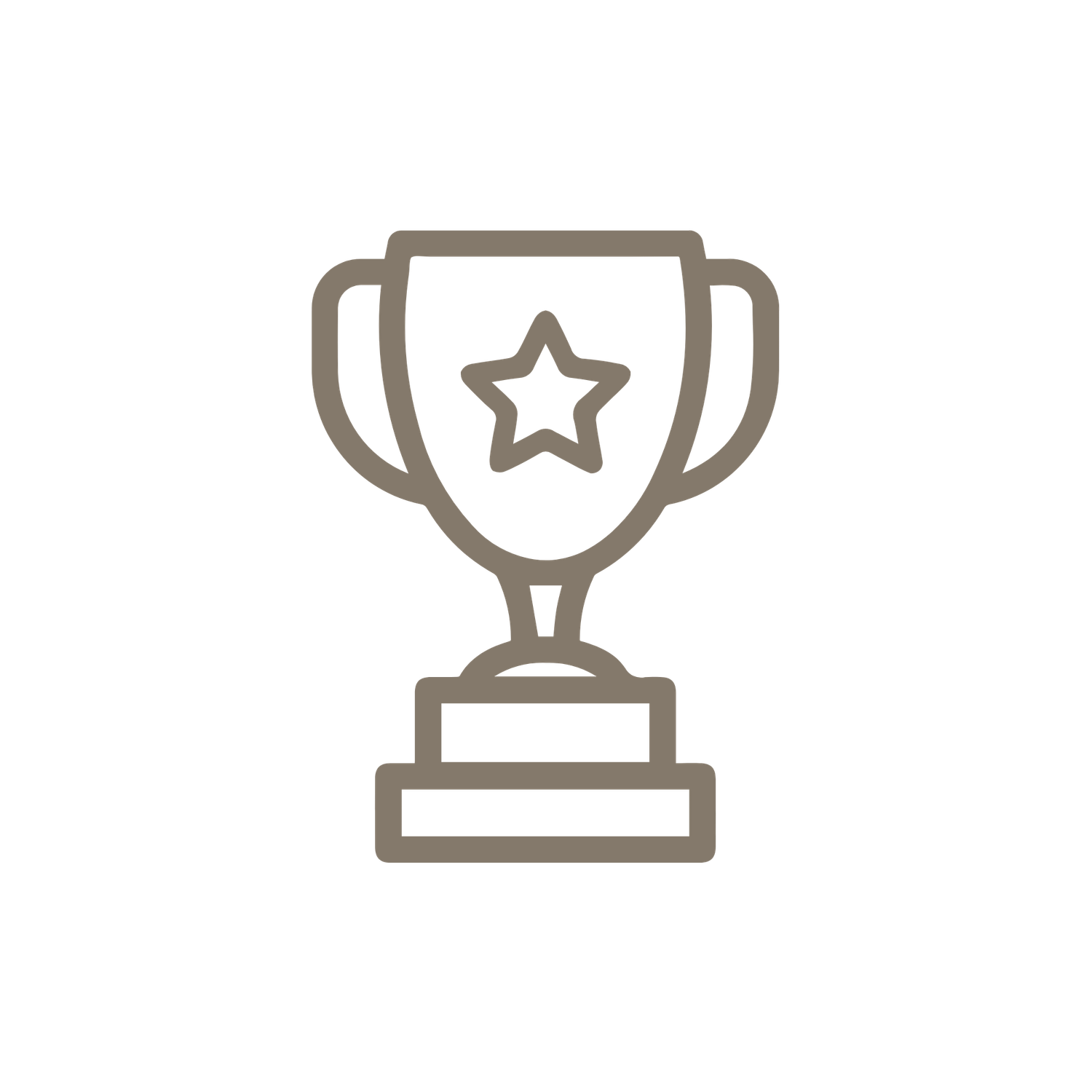 Detailed trophy with star icon outline in taupe brown on white background.